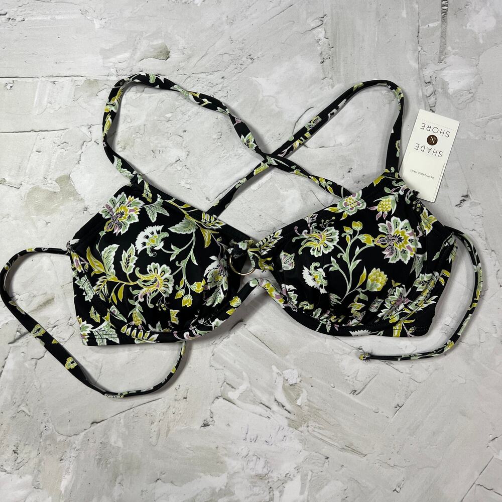 NEW Shade & Shore Bikini Top Size 34D Black Floral Underwire Pads TARGET NWT